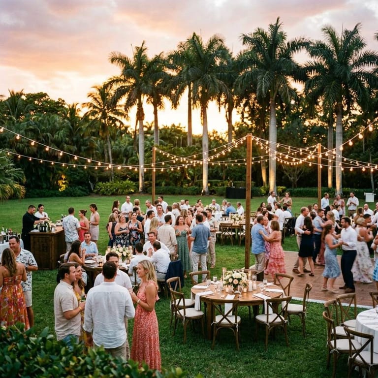 Illustration of an outdoor evening gathering under string lights